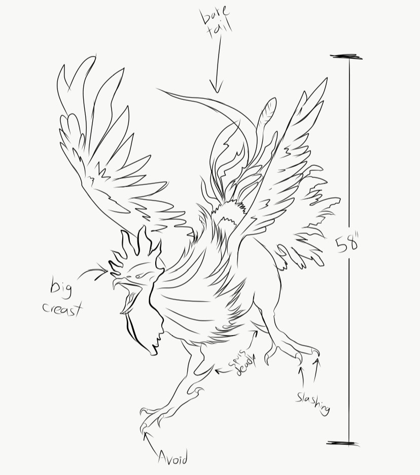 Drawing of a cockatrice — a rooster-headed winged creature.