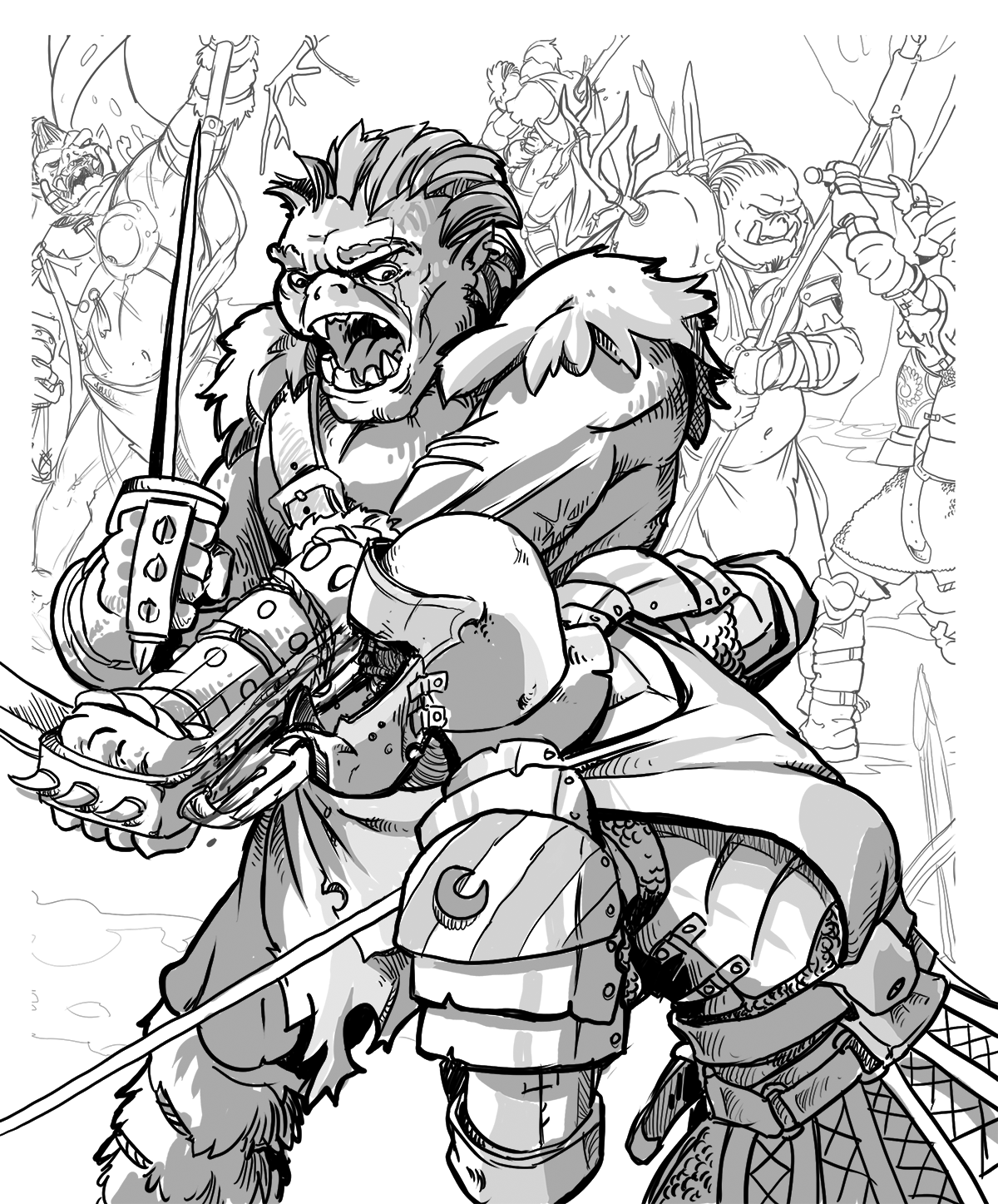 Illustration of an orc warrior with a sword and shield.