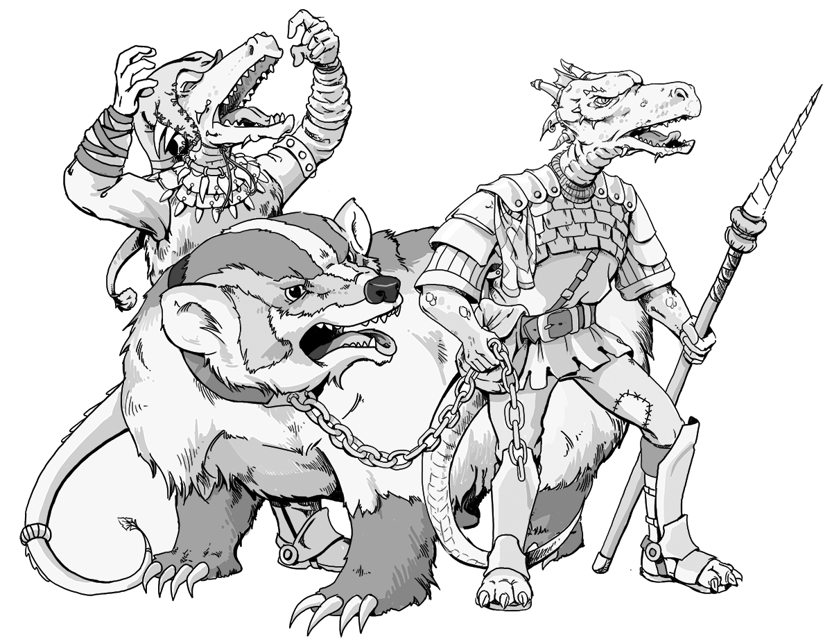 Illustration of a kobold — a small reptilian humanoid with a spear.