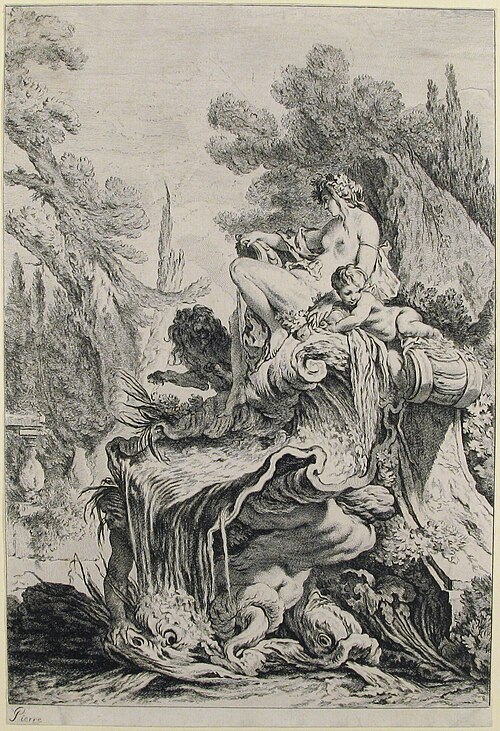 Etching of a fountain with a naiad seated on a shell.