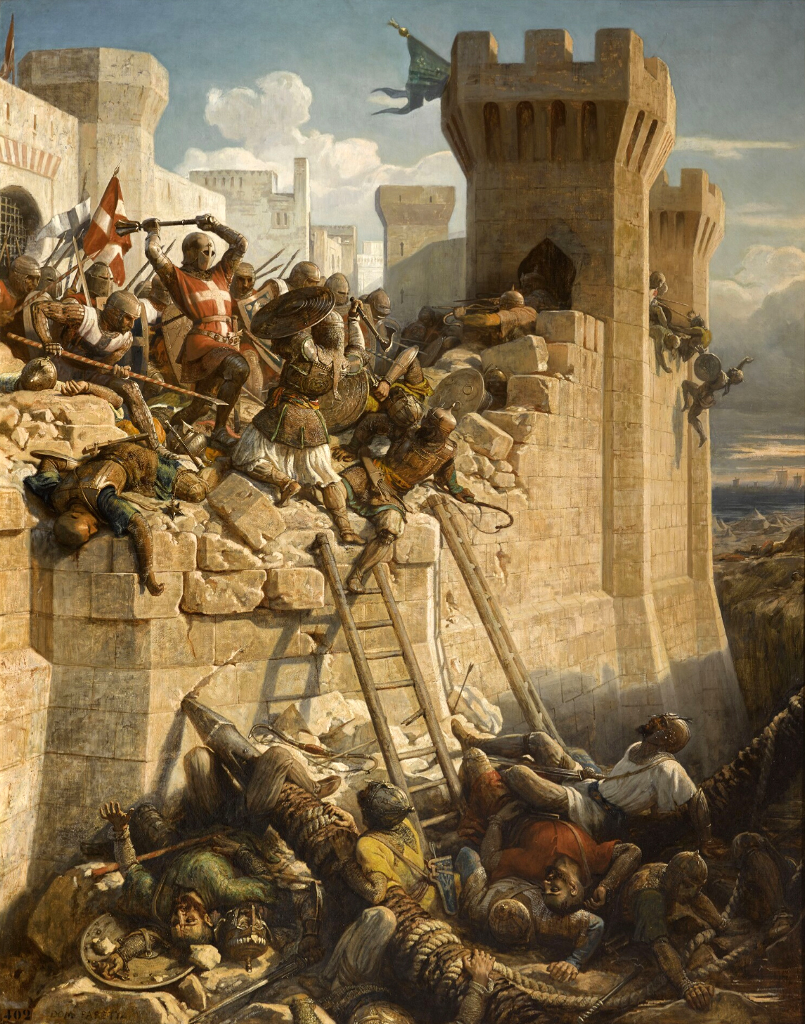 The Hospitalier Master Mathieu de Clermont defending the walls at the Siege of Acre, 1291.