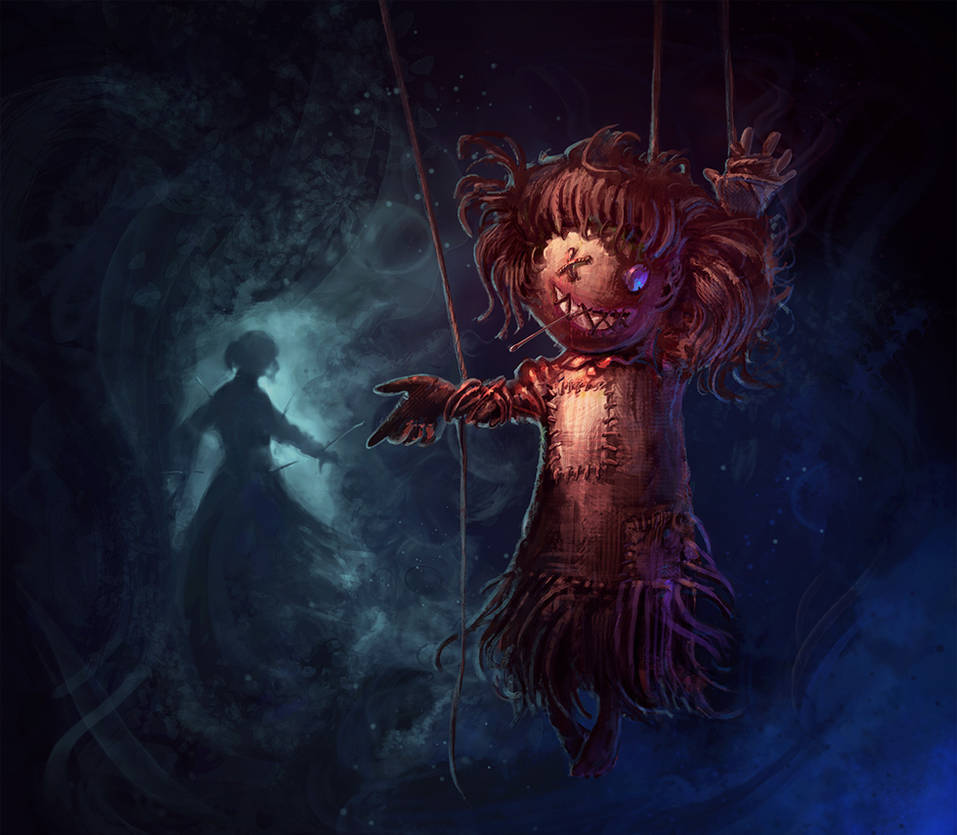 A burlap poppet on marionette strings, needle through its mouth; a glowing silhouette writhes in the mist behind it.